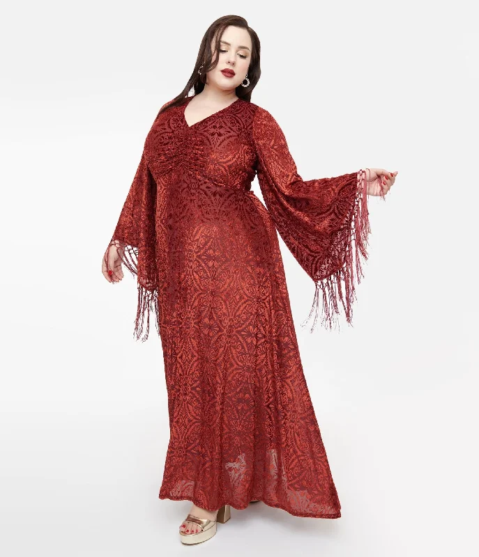 Ruched midi dress-Smak Parlour Plus Size 1970s Burgundy Velvet Burnout Fringe Sleeve Maxi Dress