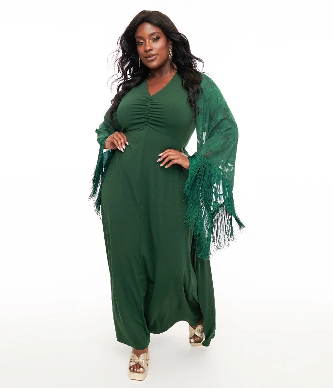 Tiered sundress-Smak Parlour Plus Size 1970s Green Fringe Sleeve Maxi Dress