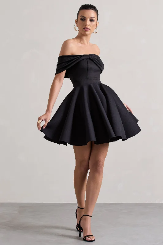 Pleated cocktail dress-Snowfall | Black Bardot Bow Skater Mini Dress