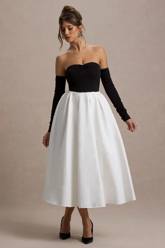 One-shoulder prom dress-Solada | Black & Cream Bardot Pleated Maxi Dress