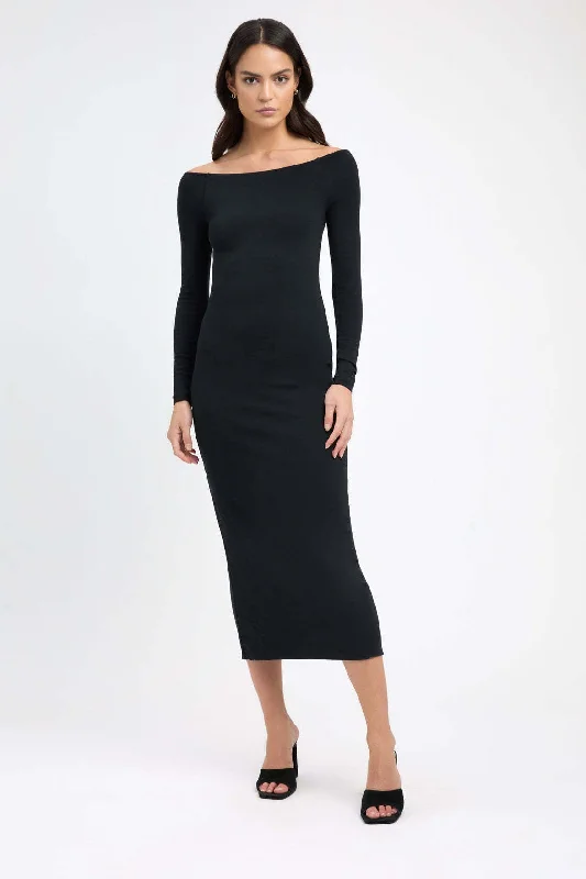 One-shoulder midi dress-BerriesJam - 2024 Solid Sexy Slim Long Sleeve Off Shoulder Dress