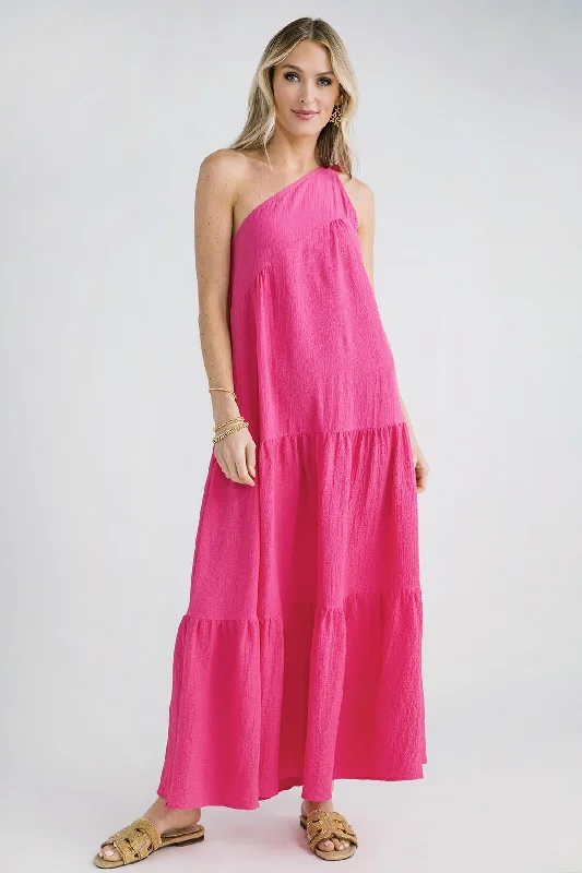 Halter neck maxi dress-Solution One Shoulder Bow Tiered Maxi Dress