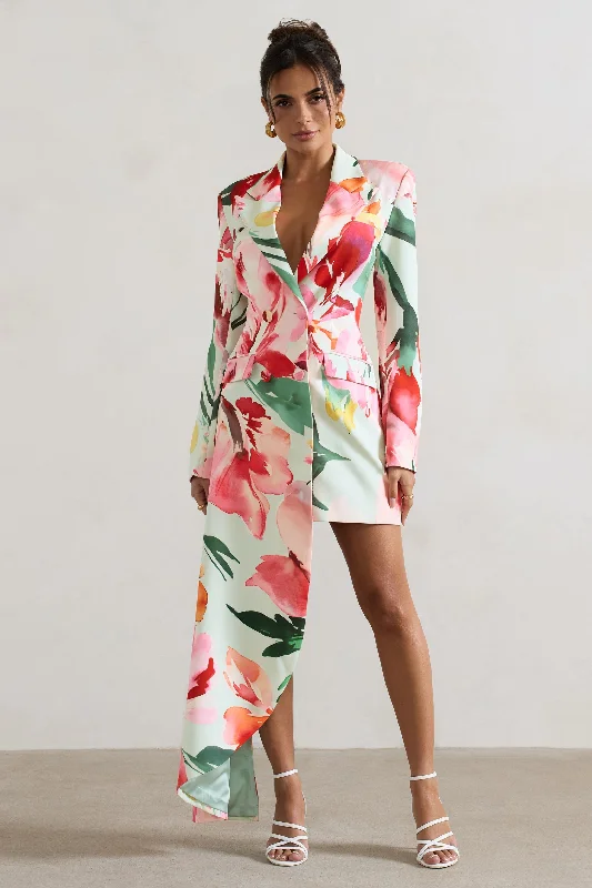 Smocked cocktail dress-Spiral | Mint Floral Tailored Blazer Mini Dress With Asymmetric Hem