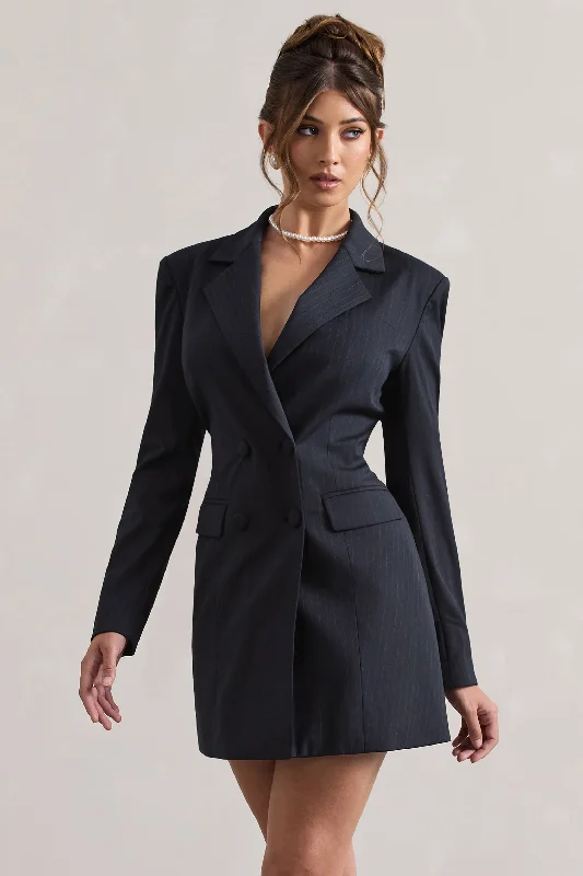 Long sleeve cocktail dress-State Of Mind | Navy Pinstripe Tailored Blazer Mini Dress