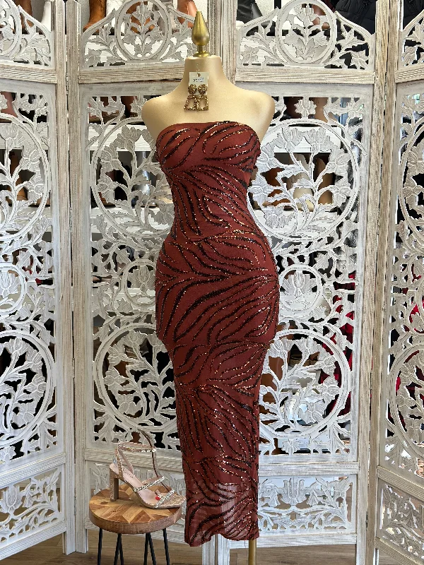 Corset evening dress-Strapless Sequin Pattern Midi Dress