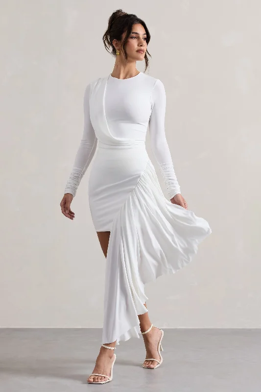 Fringe prom dress-Tate | White Long-Sleeve Wrap Mini Dress With Drape