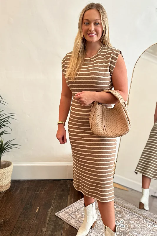 One-shoulder evening dress-Taupe Stripe SS Midi Dress