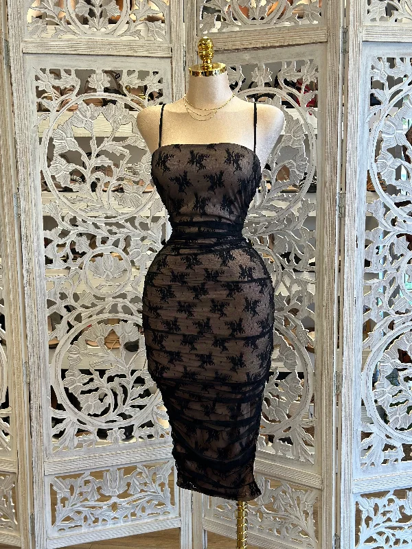 Halter neck prom dress-Thin Strap Black Lace Midi Dress- Stretchy,Estira