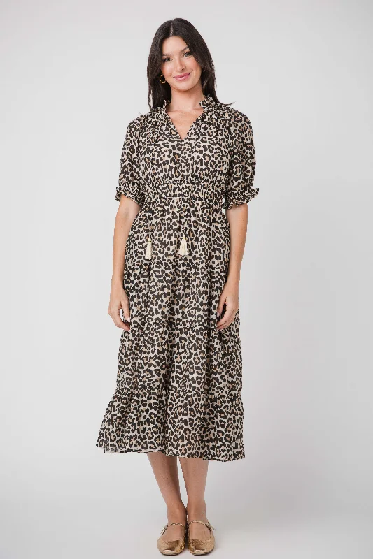 Tiered boho dress-THML Leopard Print Tassel Tie Maxi Dress