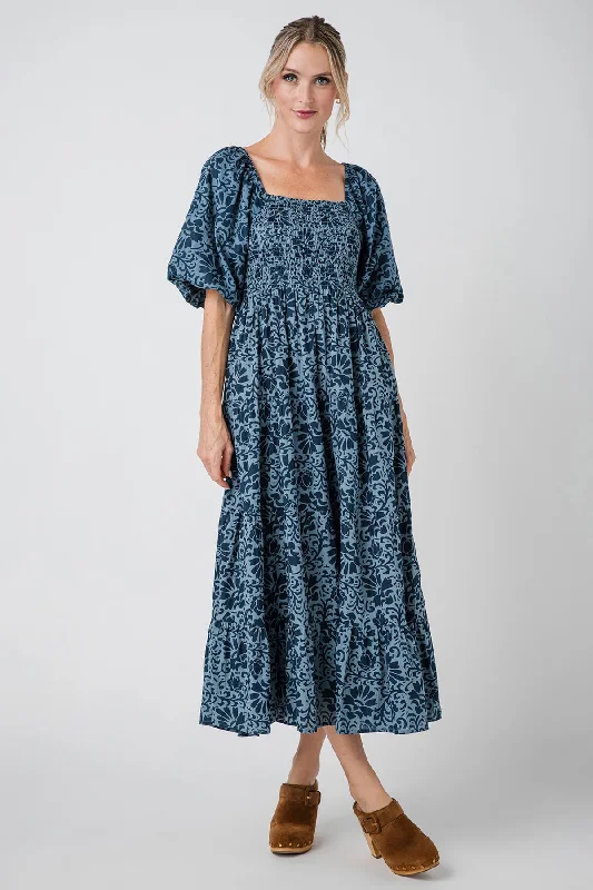 Pleated sundress-THML Smocked Puff Sleeve Printed Maxi Dress