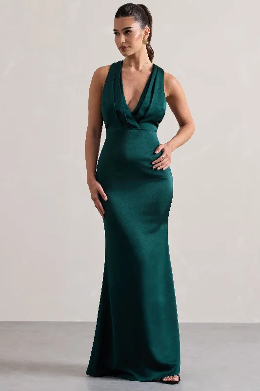 Off-shoulder midi dress-Tiffany | Bottle Green Satin Plunge-Neck Maxi Dress