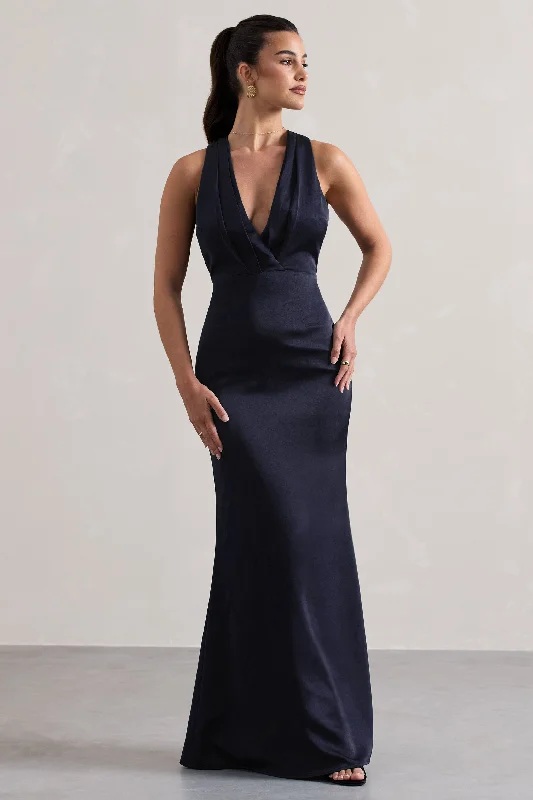 One-shoulder maxi dress-Tiffany | Navy Satin Plunge-Neck Maxi Dress