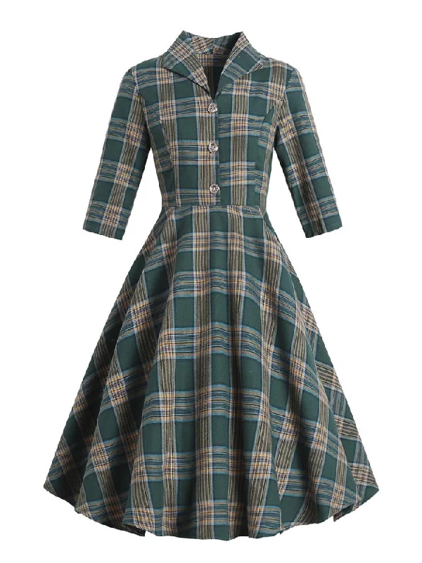 Satin prom dress-BerriesJam - 2024 Tonval Turn-down Collar Button Up Green Plaid Dress