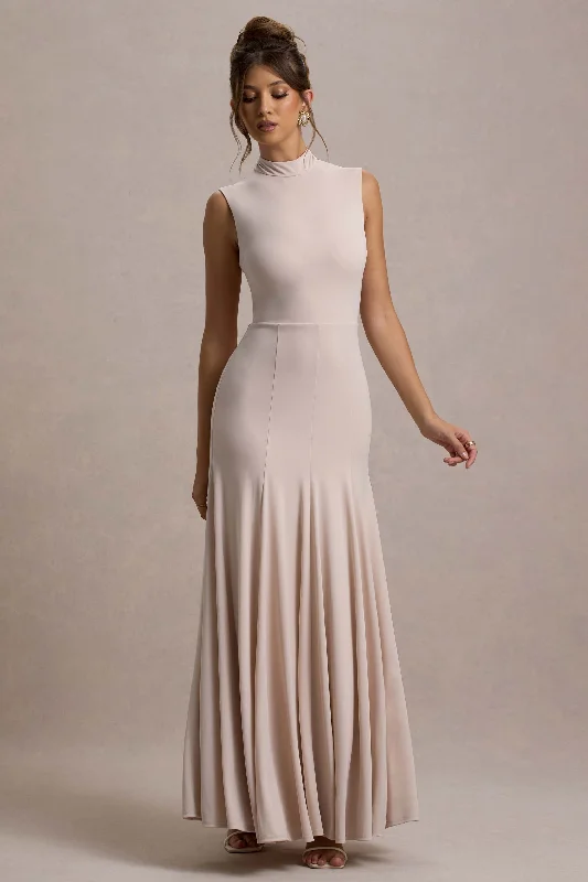 Ruched cocktail dress-Ulani | Champagne High-Neck Maxi Dress With Open Back