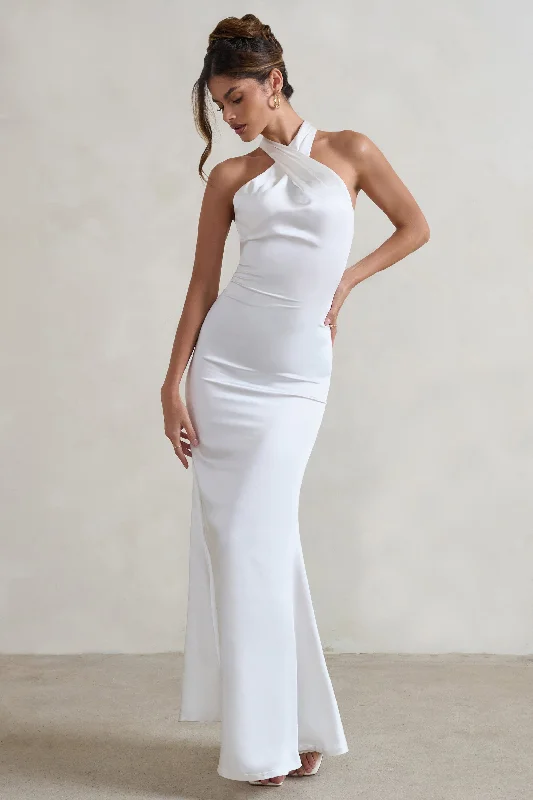 Long sleeve maxi dress-Unbeatable | White Satin Cross Over Halter-Neck Maxi Dress