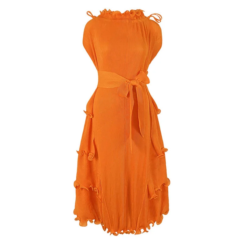 Glitter sundress-Unique Drawstring Ruffled Mock Neck Self Tie Belted Pleated Midi Dress