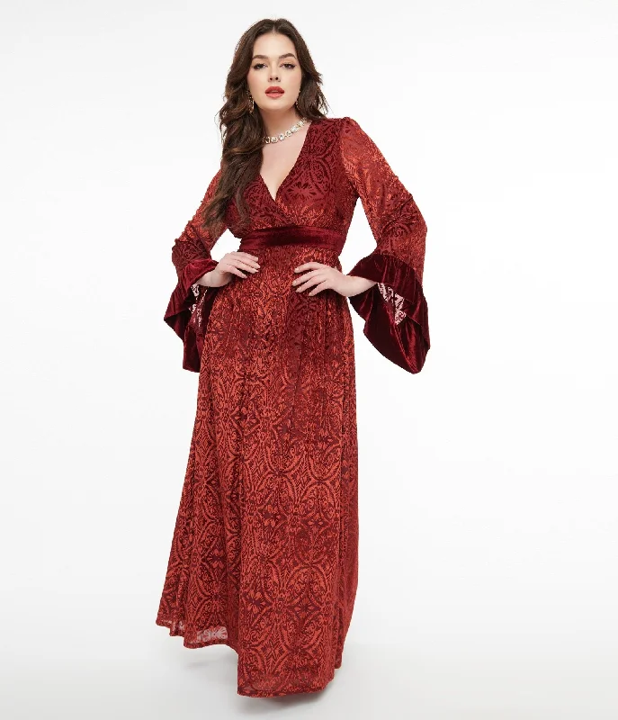 Long sleeve midi dress-Unique Vintage 1970s Burgundy Velvet Burnout Maxi Dress