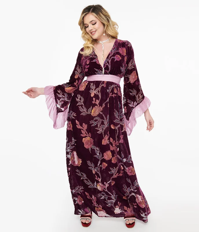 Glitter midi dress-Unique Vintage 1970s Purple Floral Burnout Velvet Maxi Dress