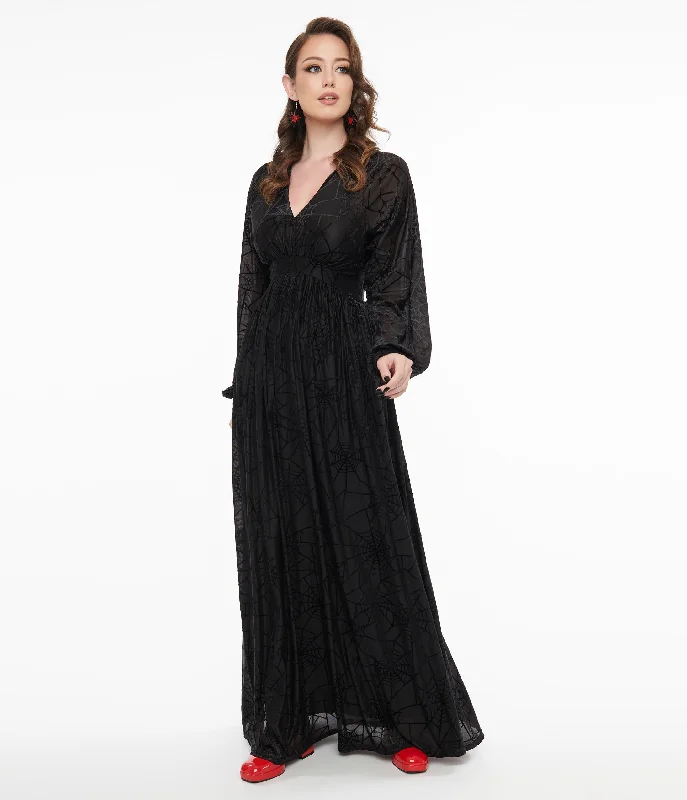 Velvet midi dress-Unique Vintage 1970s Black Spiderweb Maxi Dress