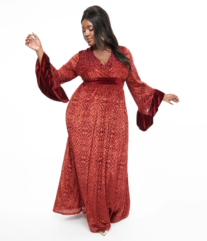 Ruffled cocktail dress-Unique Vintage Plus Size 1970s Burgundy Velvet Burnout Maxi Dress