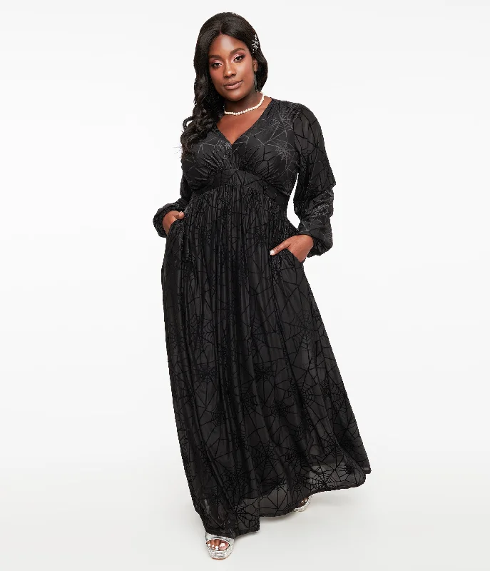 Lace cocktail dress-Unique Vintage Plus Size 1970s Black Spiderweb Maxi Dress