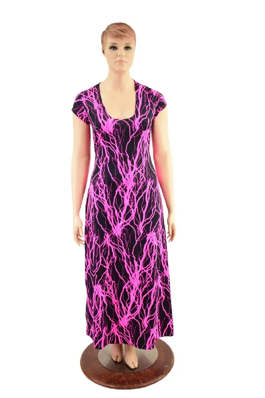 Off-shoulder party dress-UV Glow Neon Pink Lightning Maxi Dress