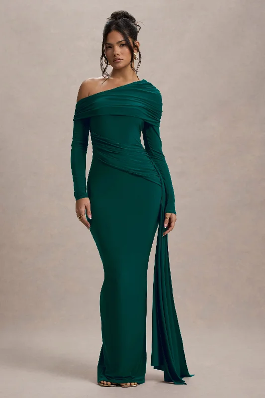 Long sleeve shift dress-Valina | Green Ruched Asymmetric Maxi Dress With Drape