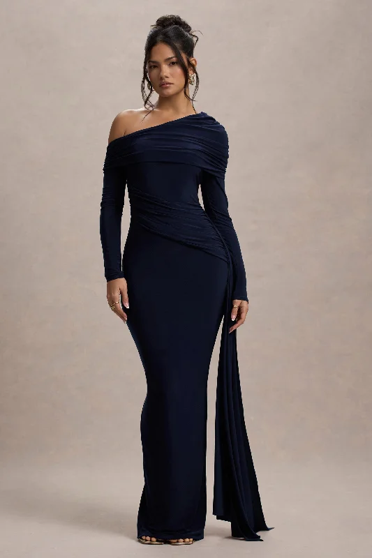 Pleated evening dress-Valina | Navy Ruched Asymmetric Maxi Dress With Drape