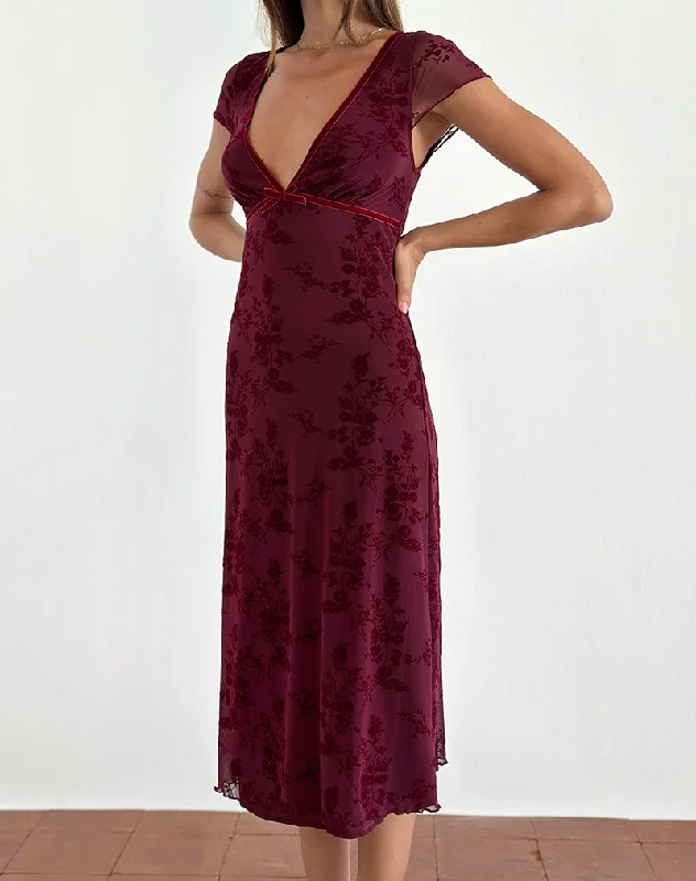 Fringe party dress-Vilinia Midi Dress in Botanical Flower Maroon