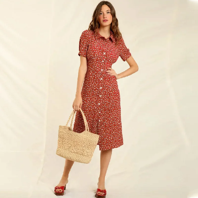 Striped sundress-Vintage Floral Print Collared Button Up Short Sleeve Midi Dress - Red