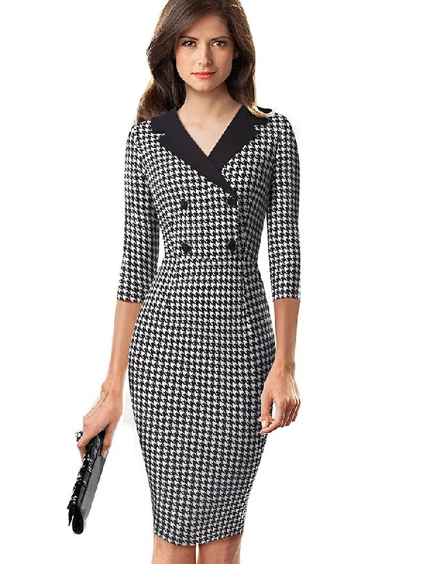 Velvet midi dress-BerriesJam - Vintage Houndstooth Patchwork Office Work Vestido