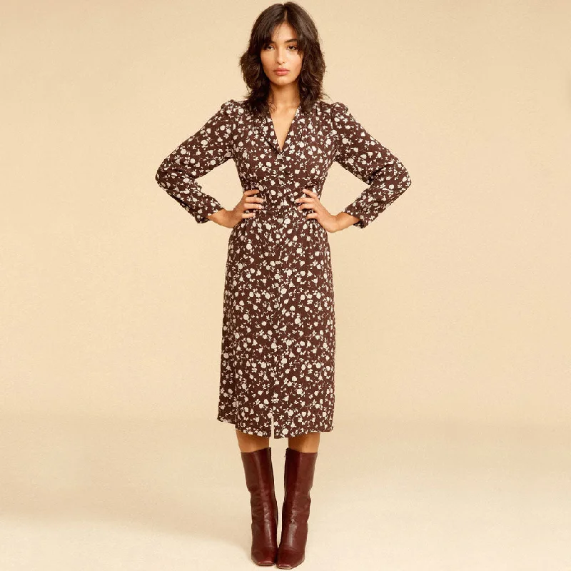 Polka dot evening dress-Vintage Long Sleeve Button Front V Neck Midi Floral Dress - Coffee