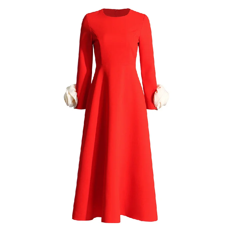 Pleated party dress-Vintage Round Neck Long Sleeve Fit and Flare Crepe Rosette Trim Midi Dress