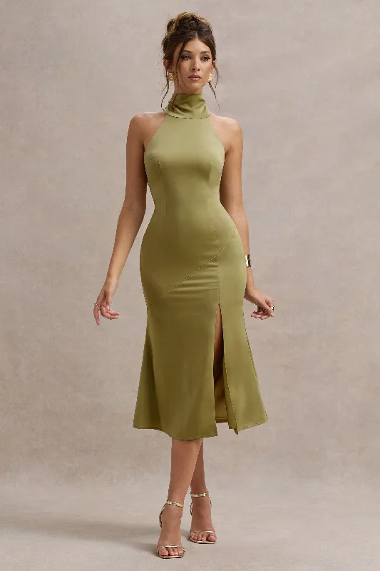 One-shoulder prom dress-Violette | Olive Satin High-Neck Split Midi Dress