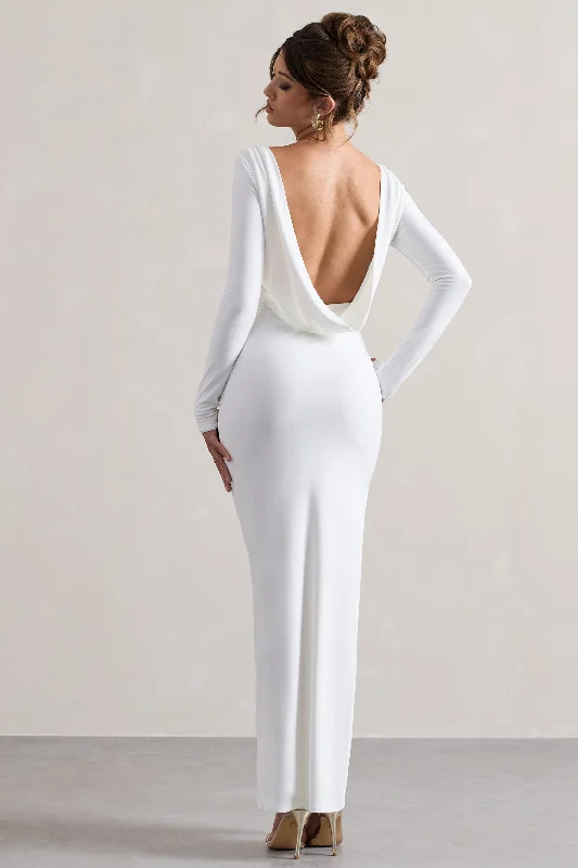 Satin maxi dress-Virgo | White Cowl-Back Long-Sleeve Split Maxi Dress