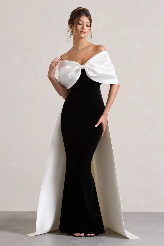 Floral party dress-Wanting More | Black & White Satin Cape Maxi Dress With Oversized Bow