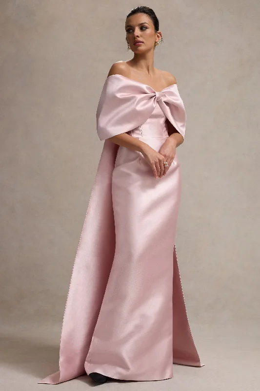 Lace evening dress-Wanting More | Pink Satin Cape Maxi Dress With Oversized Bow