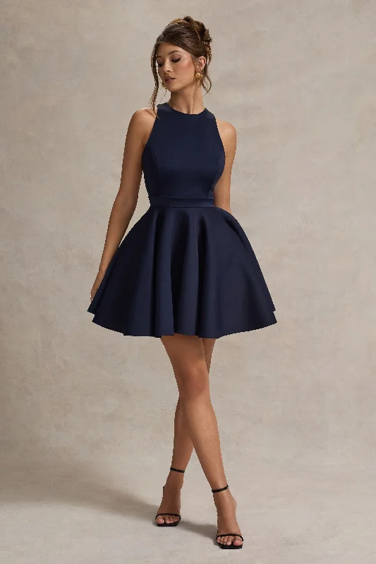 Short sleeve midi dress-Waverly | Navy Racer-Neck Sleeveless Skater Mini Dress