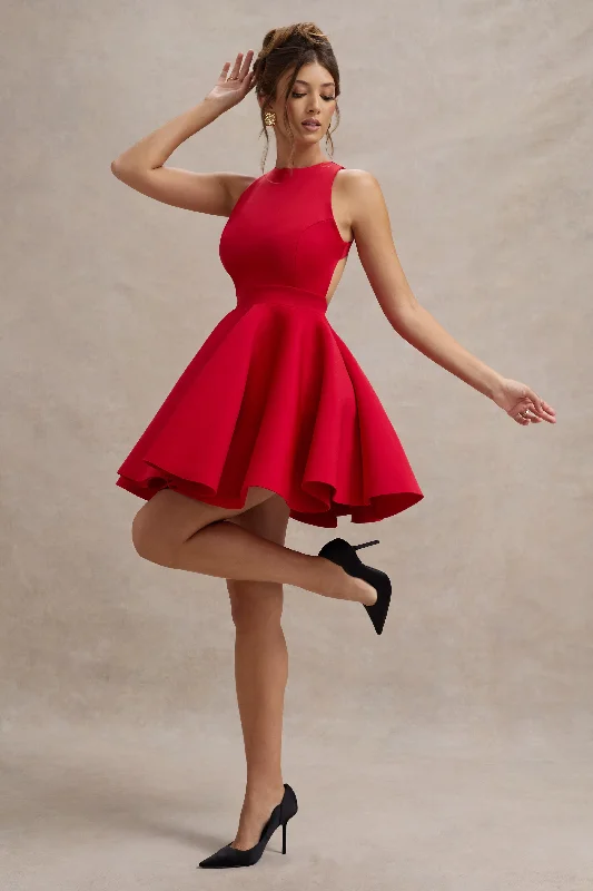 Ruched midi dress-Waverly | Red Racer-Neck Sleeveless Skater Mini Dress