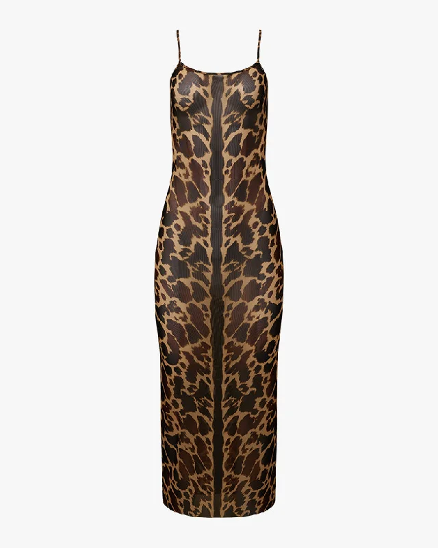 Pleated cocktail dress-Mesh Scoop Maxi Slip Dress | Tan x Brown