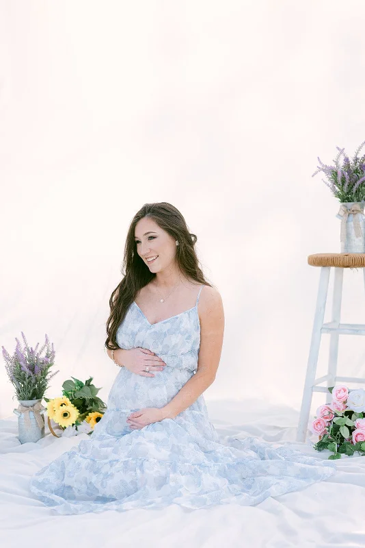 Off-shoulder sundress-White & Blue Floral Tiered Maxi Dress