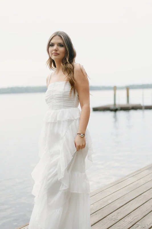 Ruffled evening dress-White Shimmer Ruffled Maxi Dress