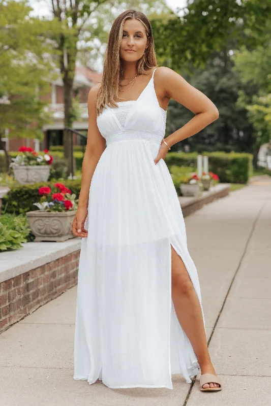 Open-back prom dress-White Smocked Slit Maxi Dress - FINAL SALE