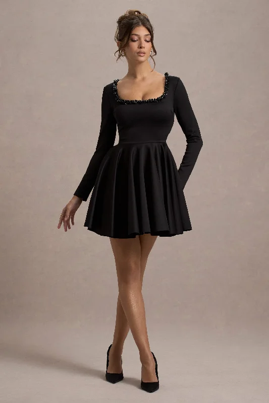 Smocked prom dress-Wilder | Black Square-Neck Long-Sleeve Skater Mini Dress