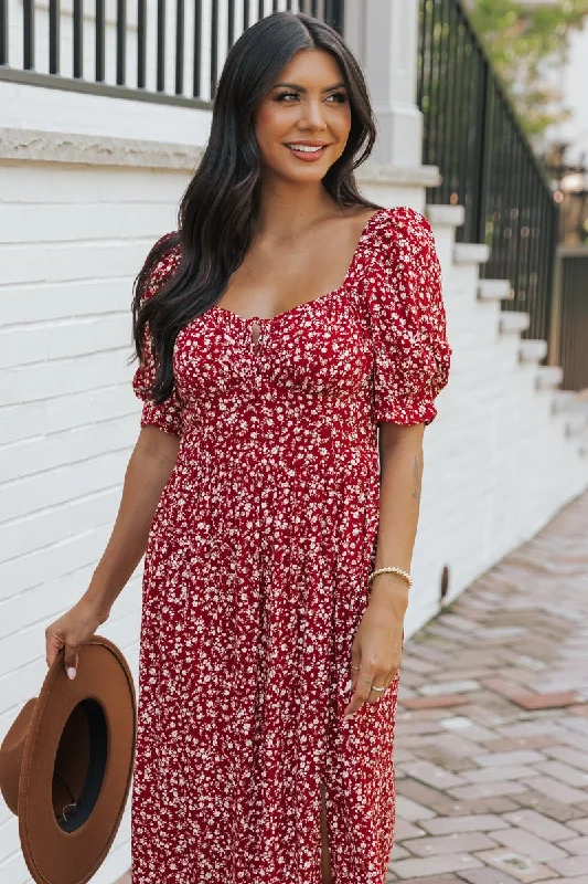 Peplum cocktail dress-Wine Floral Print Smocked Maxi Dress - FINAL SALE