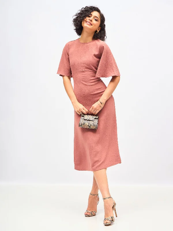 Long sleeve sundress-Women Brown Knit Back Cut-Out Midi Dress