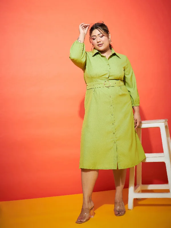 A-line midi dress-Women Green Front Button Shirt Dress