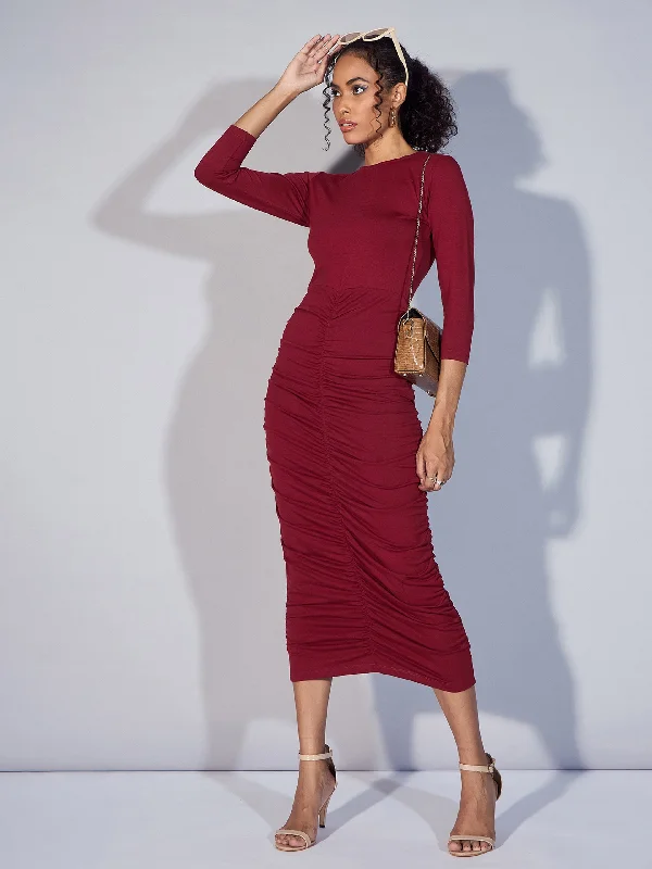 Lace midi dress-Women Maroon Ruched Bodycon Midi Dress