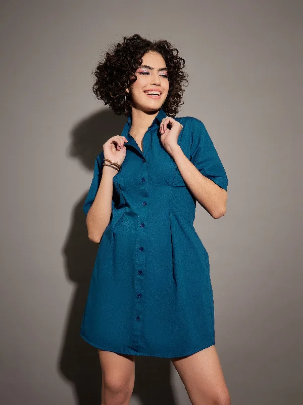 Long sleeve party dress-Women Navy Poplin Shirt Dress