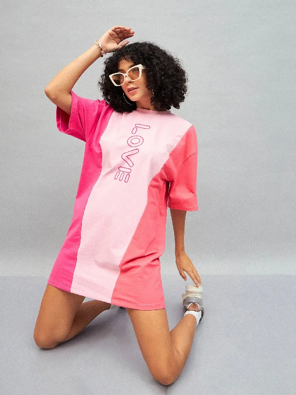 Lace sundress-Women Pink LOVE ColorBlock T-Shirt Dress